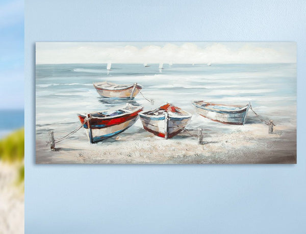 Met de hand geschilderd landschapsschilderij "Strandboten" op grenenhouten canvas, 70 x 150 cm