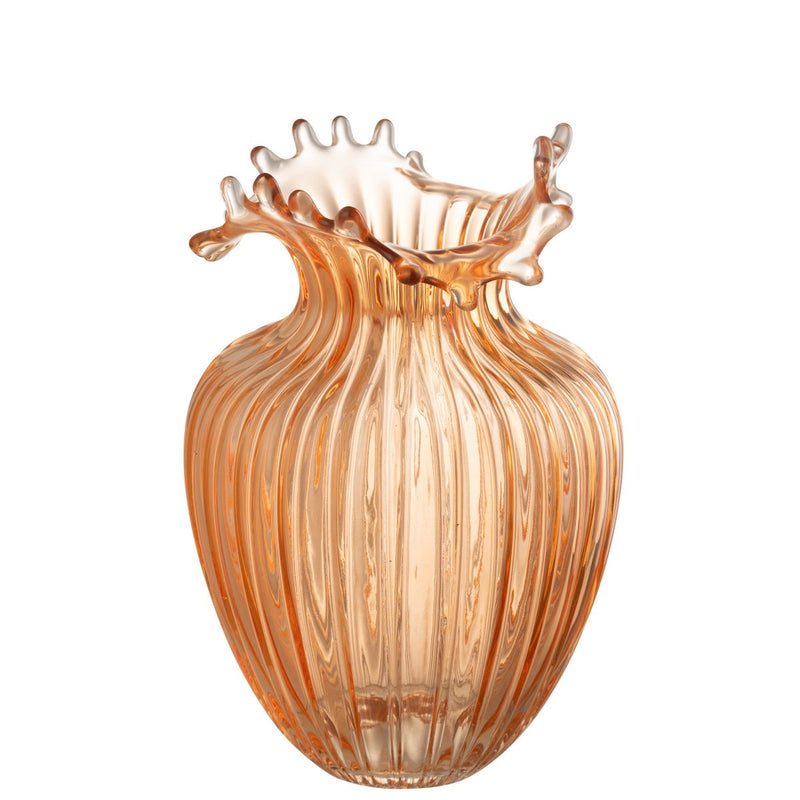 Glass vase with flower rim and lines – orange, 29 cm