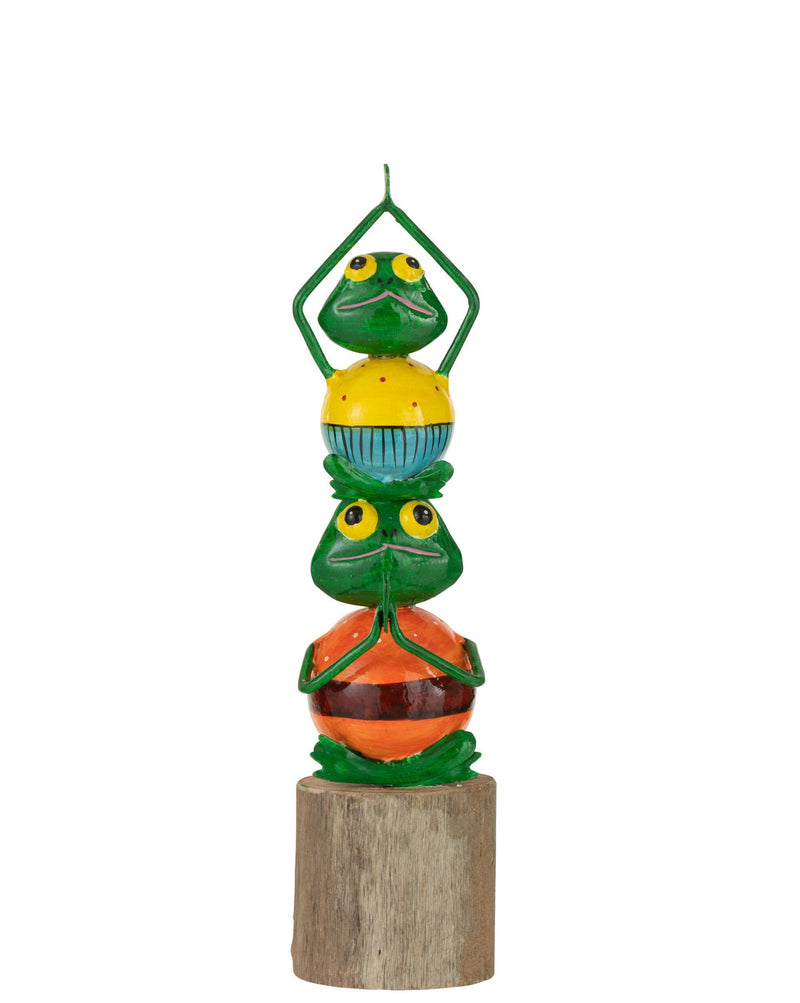 Set of 4 meditating frogs made of metal on wooden beams, 2 frogs on top of each other - handmade and painted decorative figures