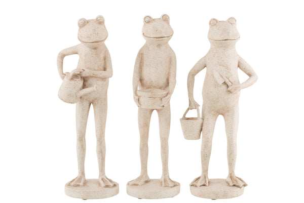 Charmant trio kikkerfiguren – tuindecoratie van polyresin in beige