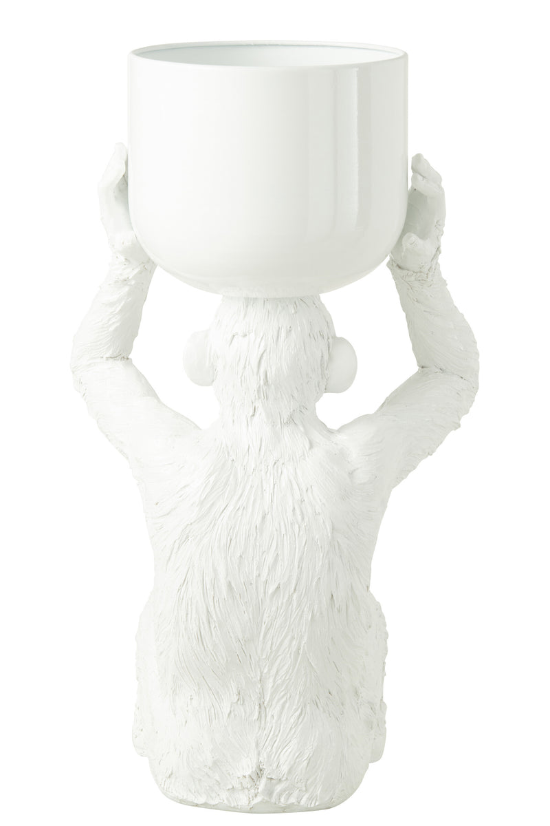 Sitting monkey with bucket on his head, poly, white or orange - decorative and original sculpture