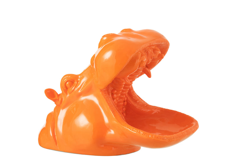 Set of 3 hippopotamus heads made of plastic in orange - vibrant table decoration