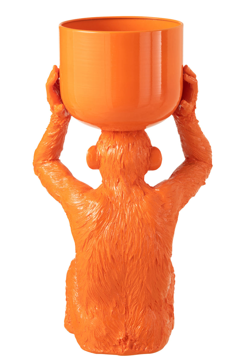 Zittende aap met emmer op zijn hoofd, poly, wit of oranje - decoratief en origineel beeld