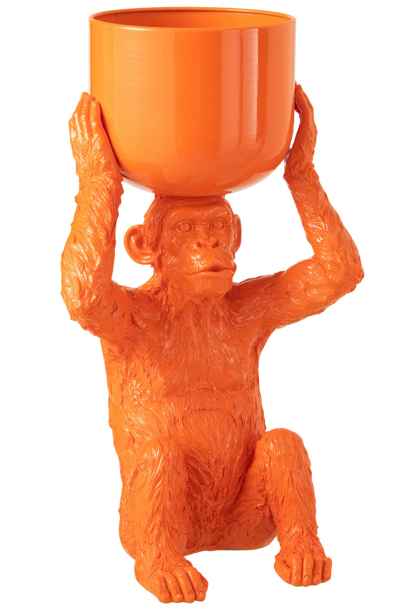 Zittende aap met emmer op zijn hoofd, poly, wit of oranje - decoratief en origineel beeld
