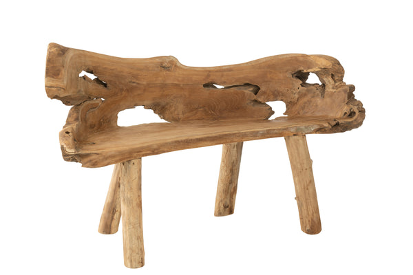 Handcrafted wooden bench made of root teak in natural