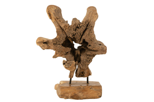 Handmade decorative wood root made of natural teak on a wooden base