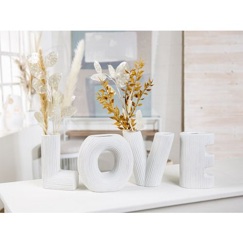 Keramiek vazen ​​set van 4 'Love' in wit - decoratief met een geribbelde structuur