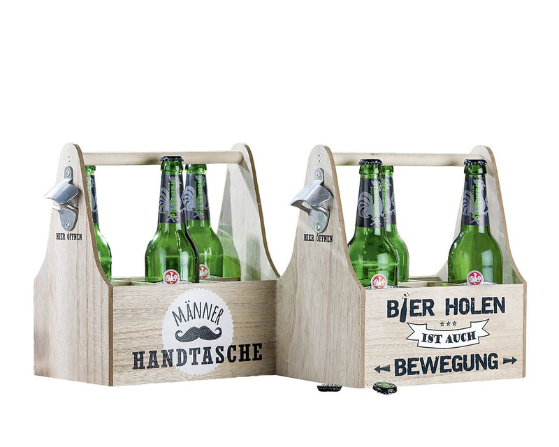Men - Set of 4 MDF 6 beer bottle carriers, natural colors with sayings