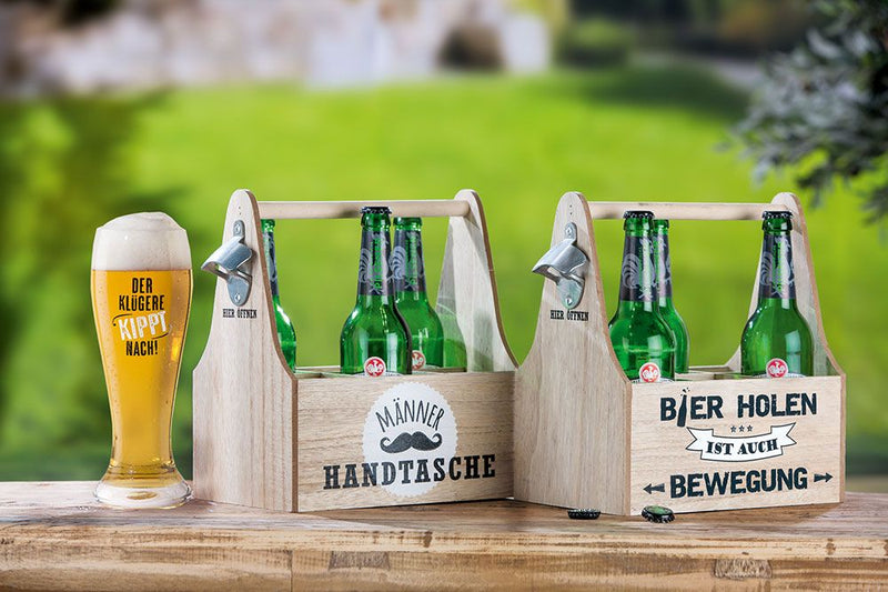 Men - Set of 4 MDF 6 beer bottle carriers, natural colors with sayings