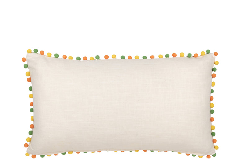 Set of 4 rectangular cushions with floral motif and pompoms, cotton, white and orange