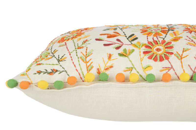 Set of 4 rectangular cushions with floral motif and pompoms, cotton, white and orange