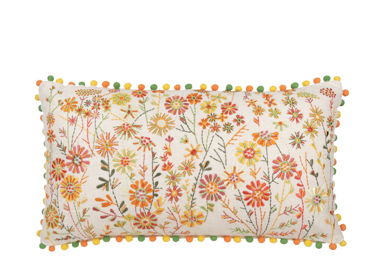 Set of 4 rectangular cushions with floral motif and pompoms, cotton, white and orange