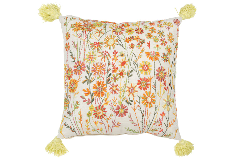 Set of 4 square cushions with floral motif and tassels, cotton, white and orange