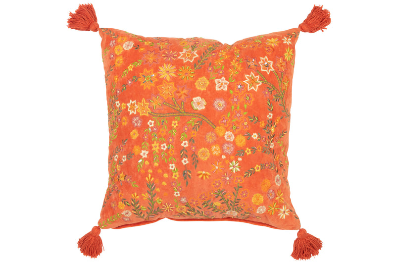 Set of 4 square cushions in orange velor with floral motif and tassels - a touch of luxury and color