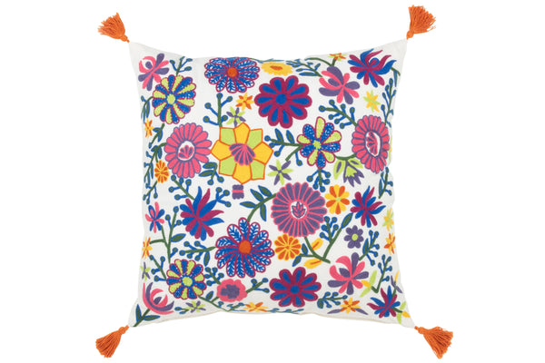 Set van 4 kussens met borduursels, bloemen en kwastjes in een katoenmix - kleurrijke elegantie voor je huis