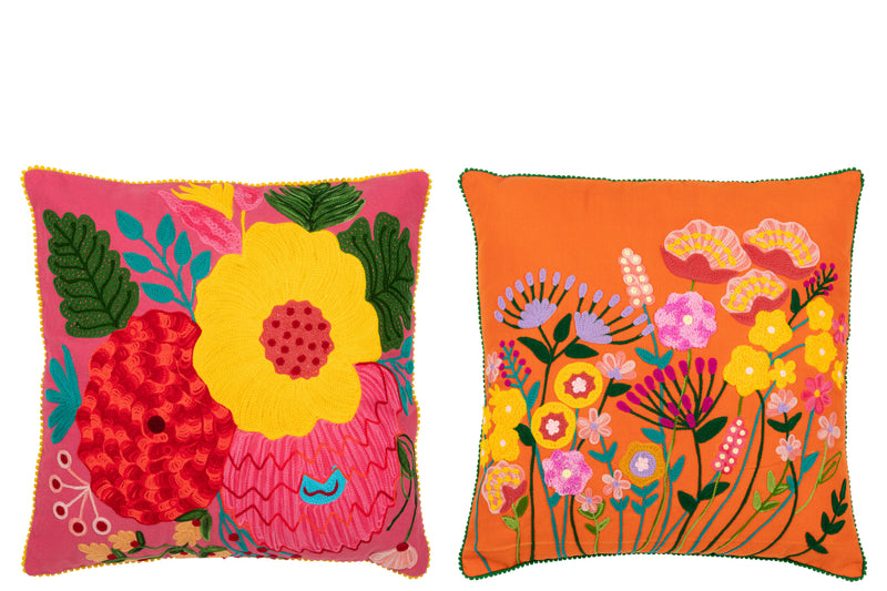 Set of 4 2-assorted cushions with floral embroidery in orange/pink - a touch of color and elegance