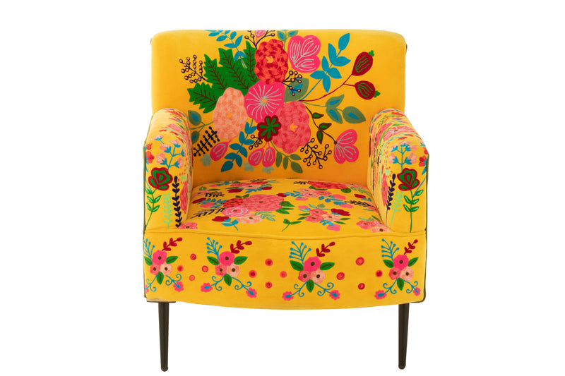 Sofa with floral embroidery in yellow velor - elegant seating with a touch of sunshine