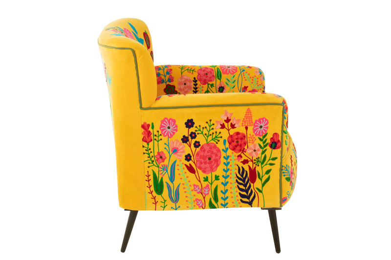 Sofa with floral embroidery in yellow velor - elegant seating with a touch of sunshine