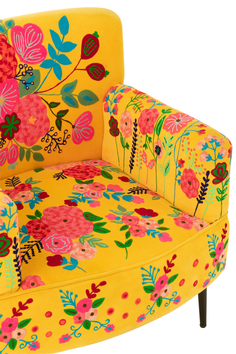 Sofa with floral embroidery in yellow velor - elegant seating with a touch of sunshine