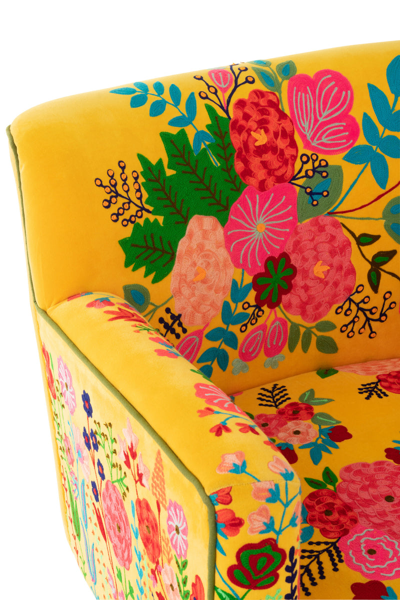 Sofa with floral embroidery in yellow velor - elegant seating with a touch of sunshine