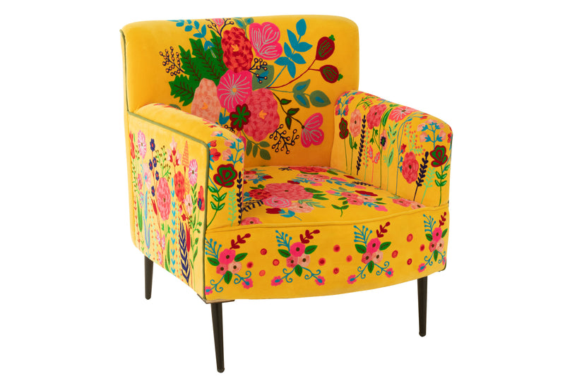 Sofa with floral embroidery in yellow velor - elegant seating with a touch of sunshine