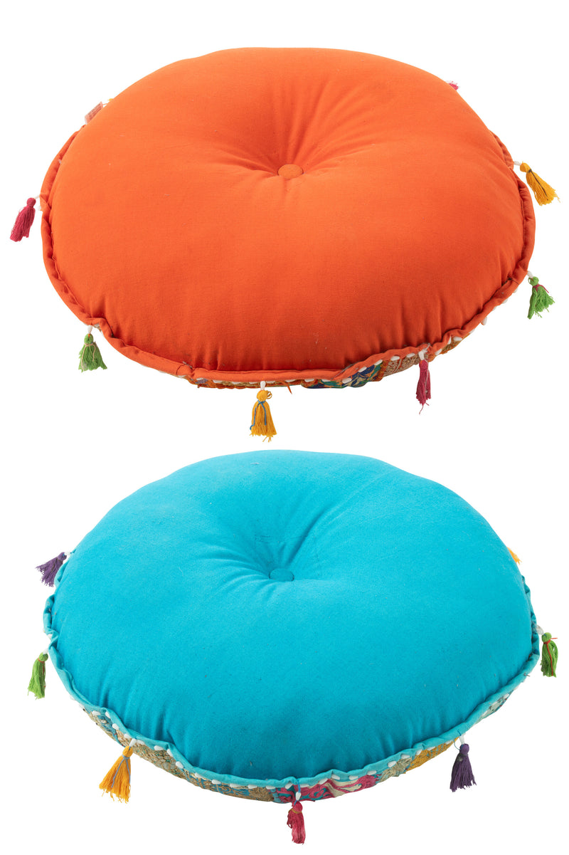 4er Set Handgefertigte Hocker 'Mandala Träume' mit Quasten in Orange/Blau