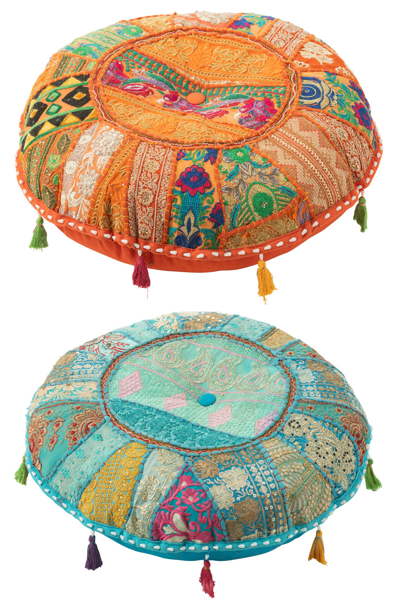 Set of 4 handmade stools 'Mandala Dreams' with tassels in orange/blue