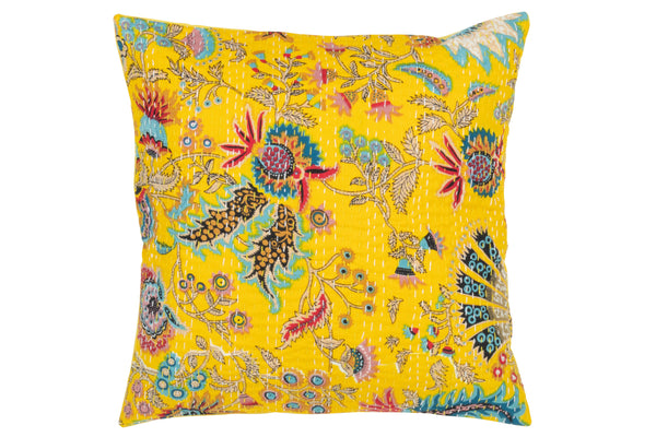 Bright set of 4 yellow cushions with floral pattern and decorative stitching - handmade