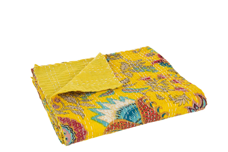 Set of 2 Yellow Cotton Plaid Beach Mats with Floral Embroidery - Small