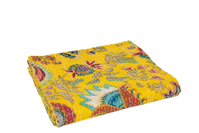 Set of 2 Yellow Cotton Plaid Beach Mats with Floral Embroidery - Small