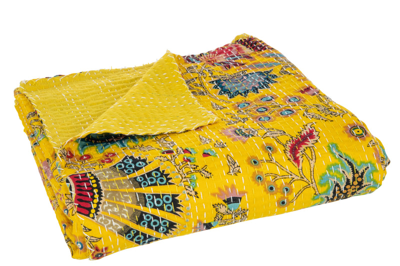 Large Set of 2 Yellow Cotton Plaid Beach Mats with Floral Embroidery - Large