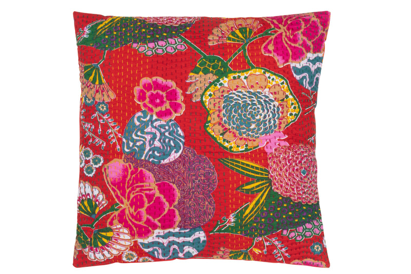Set of 4 Red Floral Pattern Cushions with Decorative Stitching - Handmade Elegance - Handcrafted
