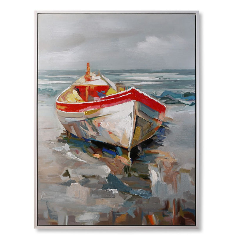 Hand-painted acrylic canvas picture "Holiday Beach", boat motif, 120 x 90 cm