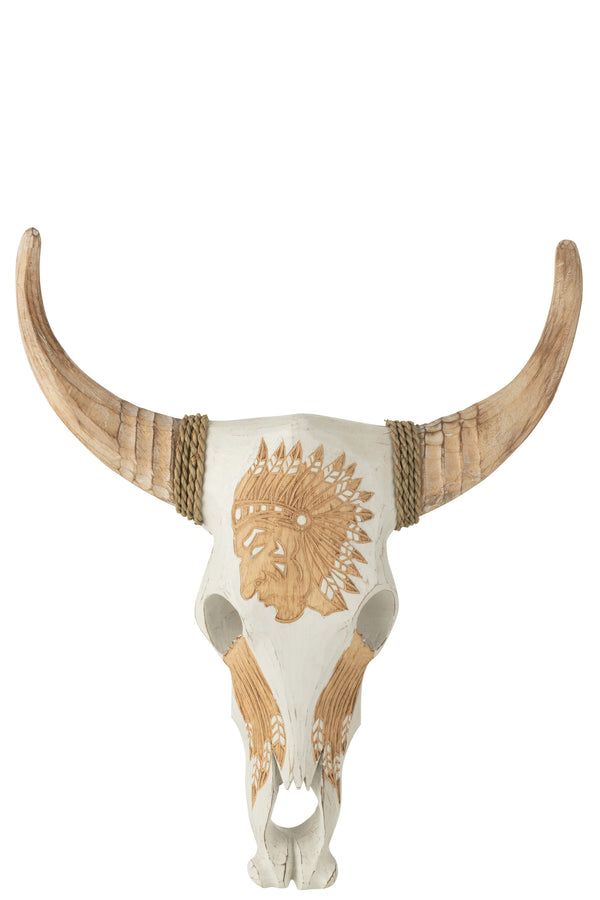Decorative cow skull made of Albasia wood, white with Indian motif, 72 cm high