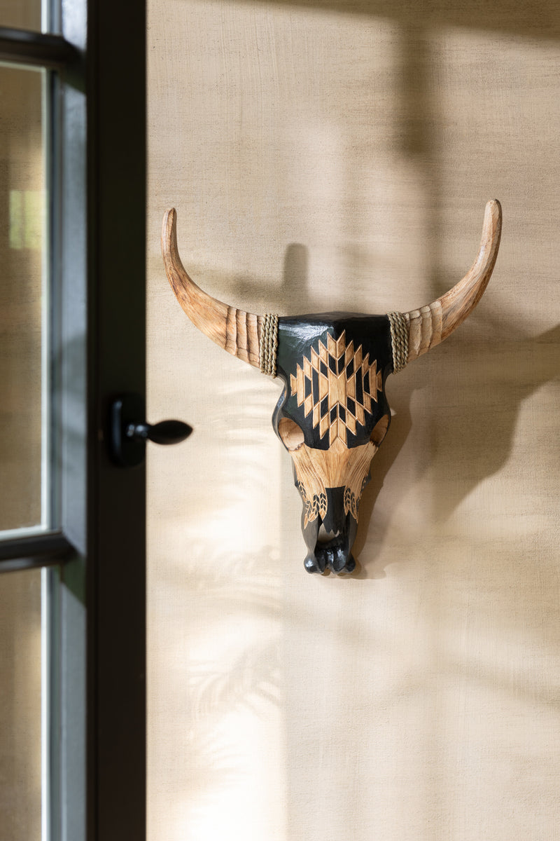 Handcrafted Cow Skull made from Albasia wood - Unique craftsmanship in black