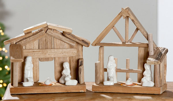 Rustieke set van 2 LED houten kerststallen - handgemaakt met Maria &amp; Jozef figuren