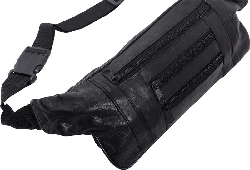 Schmale Bauchtasche Schwarz Nappa Leder mit Reißverschlussfächern