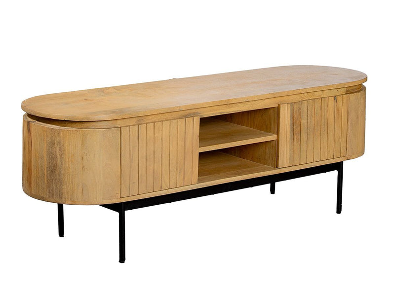 Wooden Lowboard Roseau - Mango Wood, Natural Colors, Rounded Shape, 2 Doors, 2 Shelves, Rustic TV Stand Furniture