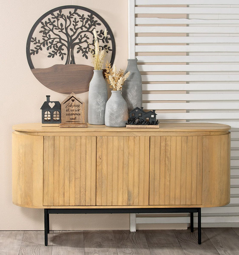 Houten dressoir Roseau - mangohout, natuurlijke kleur, ronde vorm, 3 deuren, elegant opbergmeubel