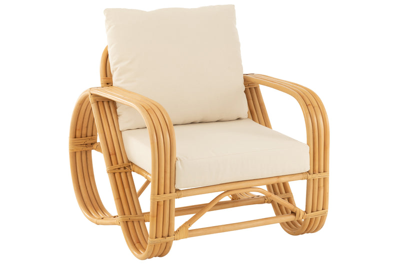 Comfortable armchair with cushions - Elegance in rattan and fabric in natural and white 