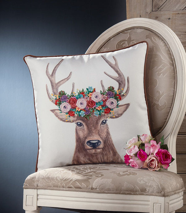 Set of 3 fabric cushions 'deer head with flower wreath' - natural elegance meets coziness