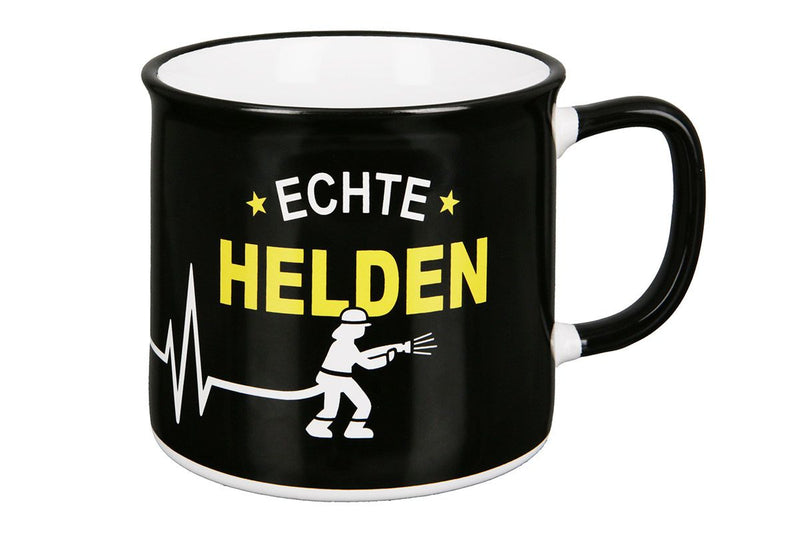 Echte Helden - 6er Set Keramik Tassen für Feuerwehr, Emaille-Design in Schwarz/Gelb/Weiß, 390 ml