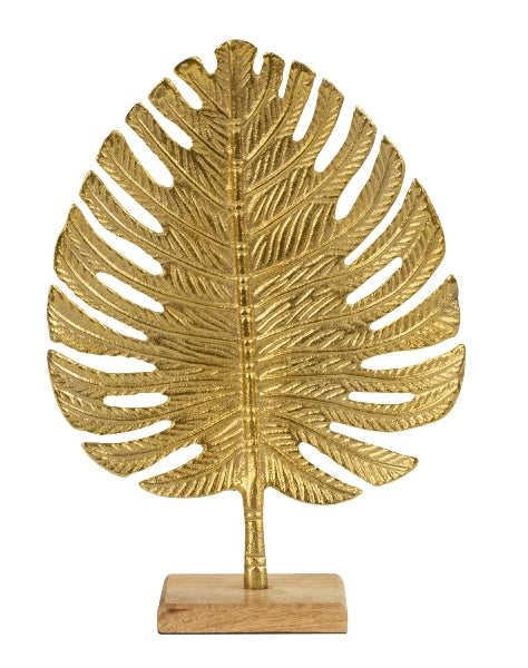 Golden Leaf Elegance Prachtige handgemaakte sculptuur op een houten voet, een uitdrukking van luxe en natuurlijke schoonheid