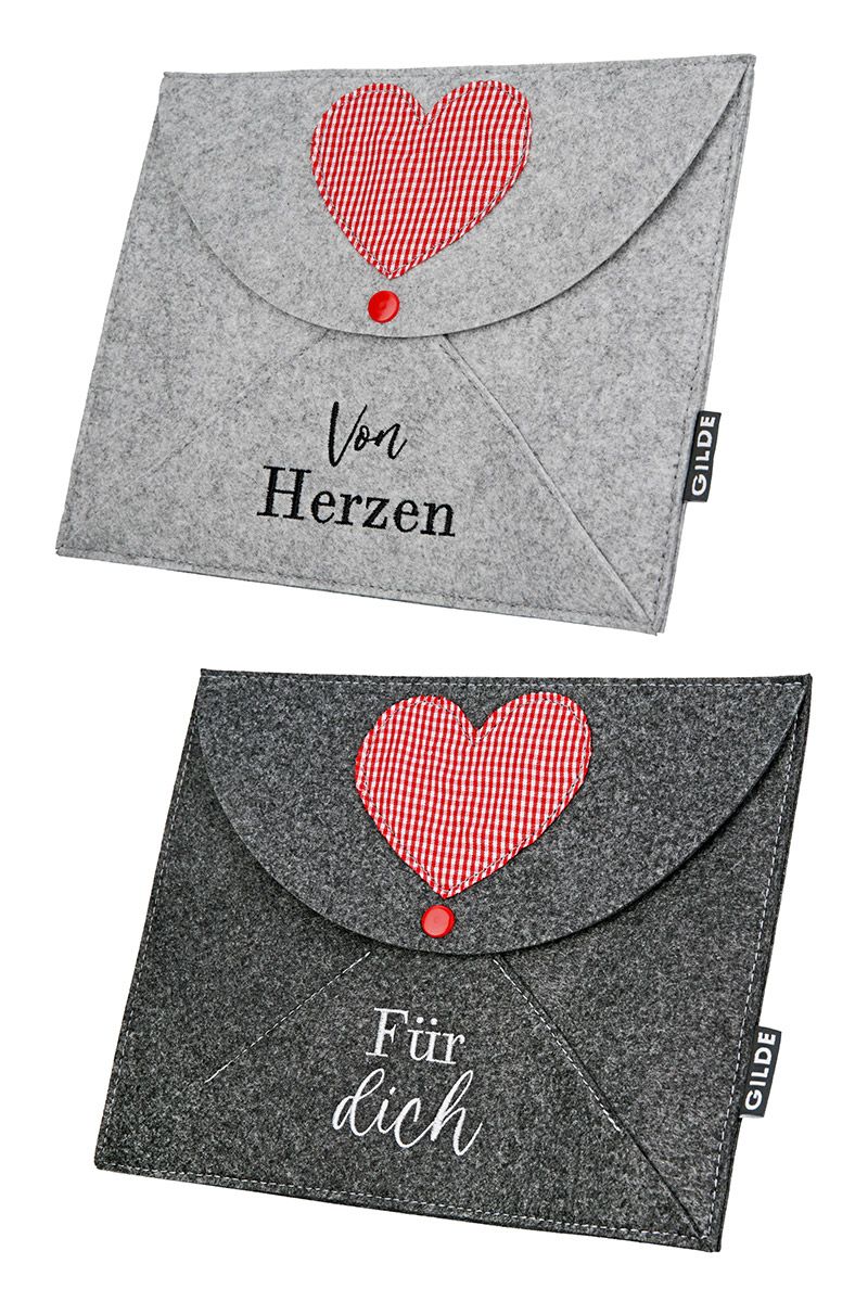 From the Heart - For You - Set van 8 vilten cadeau-enveloppen "Love", lichtgrijs/donkergrijs, met geruit hart en rode drukknoop