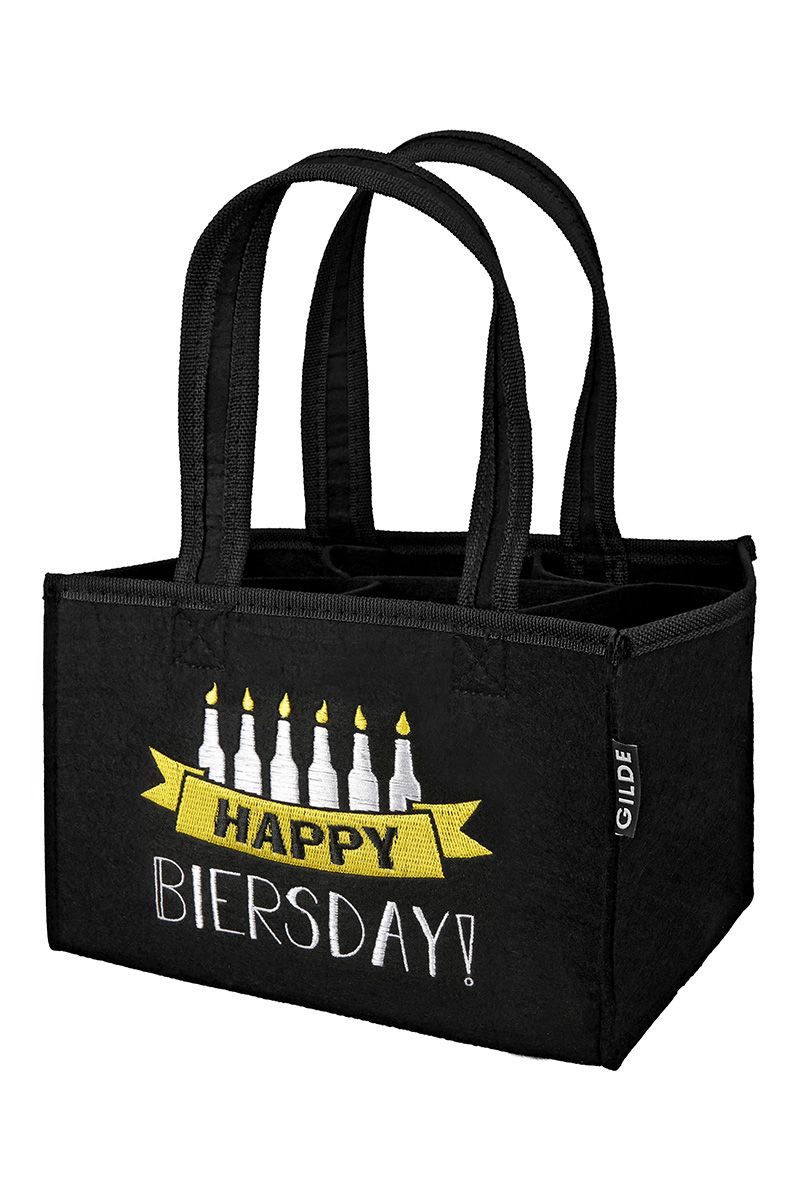 Black felt bottle carrier "Happy Biersday" for 6 beer bottles