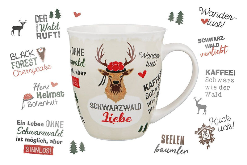 Schwarzwaldliebe - Set of 6 porcelain jumbo cups, black/red/green, 400 ml deer