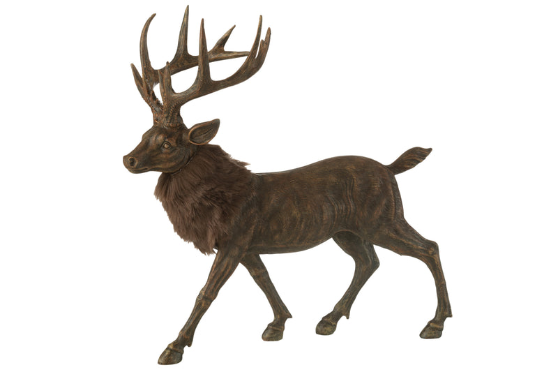 Decorative deer with fur appliqué made of polyresin in brown