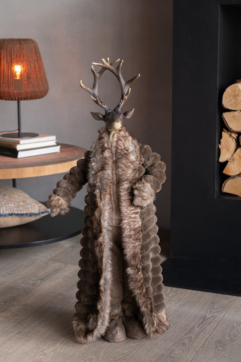 Decorative stag standing with coat – brown, 92 cm