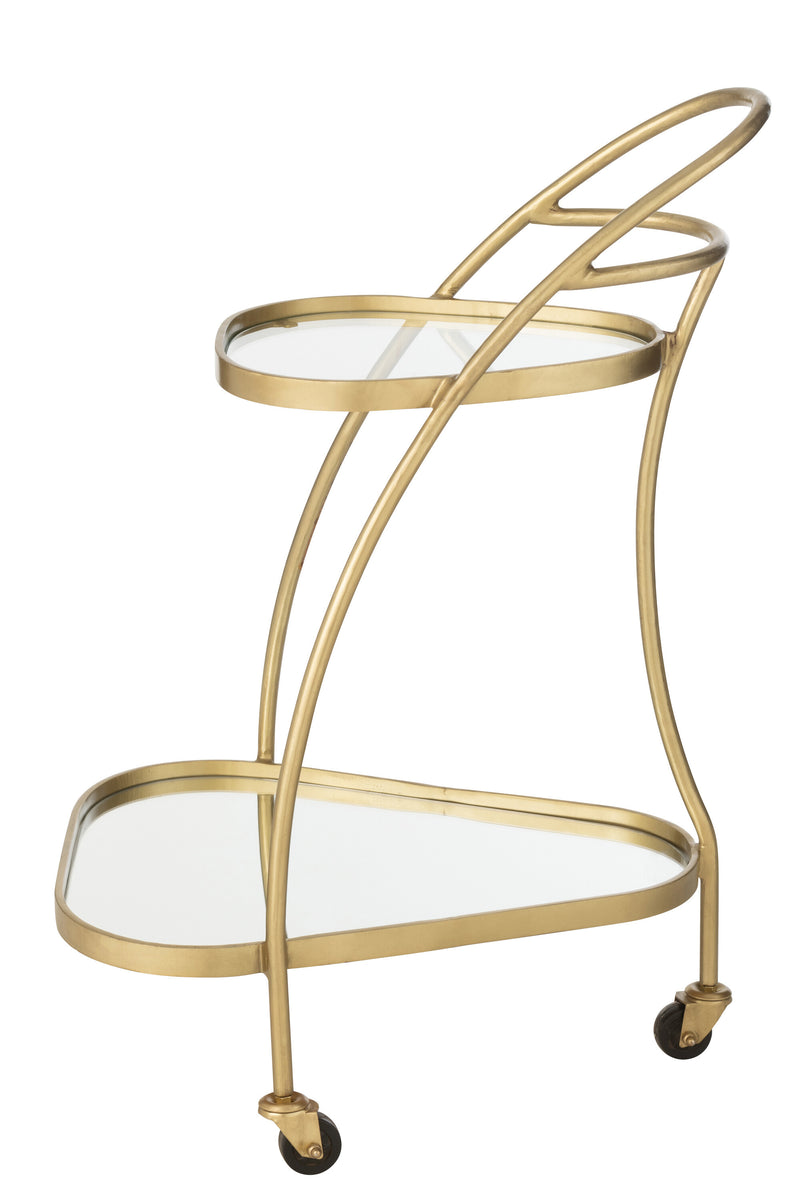 Elegant triangular service trolley made of metal in mirror gold