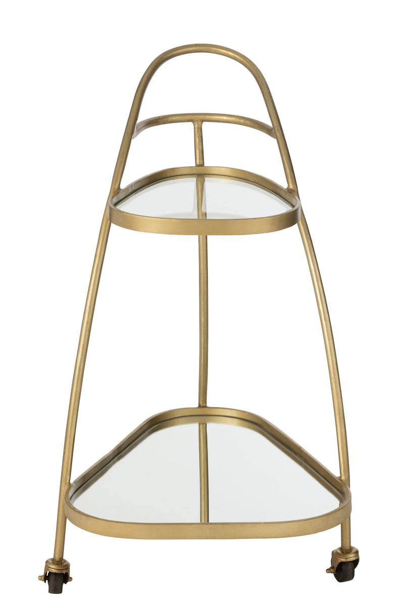 Elegant triangular service trolley made of metal in mirror gold